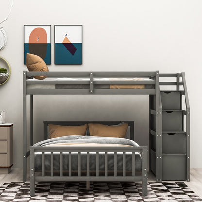 Twin-Over Full L-Shaped Loft Bunk Bed, Ladder with 3 storage grids