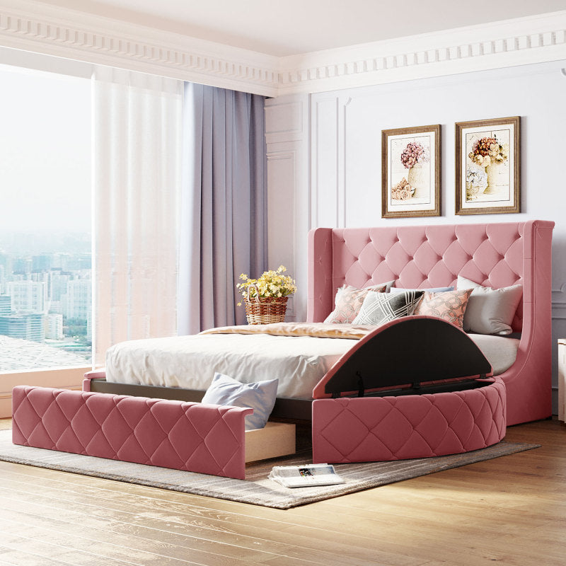 Gepolstertes Queen-Size-Bett mit Plattform und Stauraum aus Samt