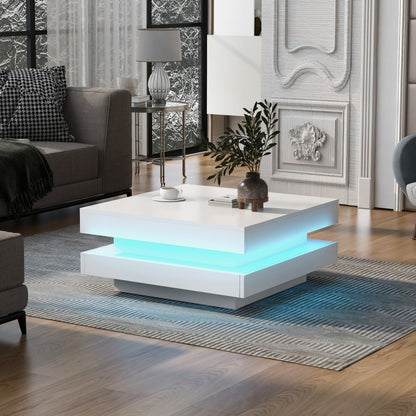 2-Tier High Gloss Square Coffee Table With16-color LED Lights