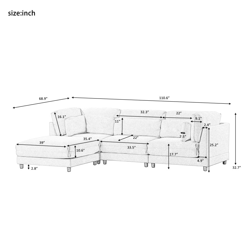 2-teiliges L-förmiges Sofa mit abnehmbaren Ottomanen und bequemen Hüftkissen