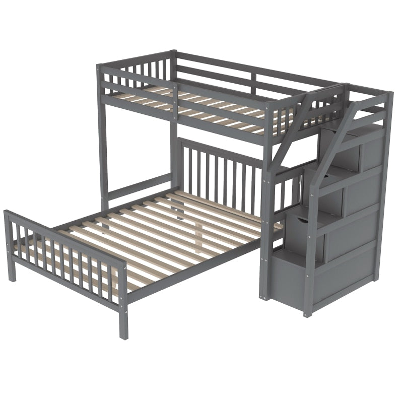 Twin-Over Full L-Shaped Loft Bunk Bed, Ladder with 3 storage grids