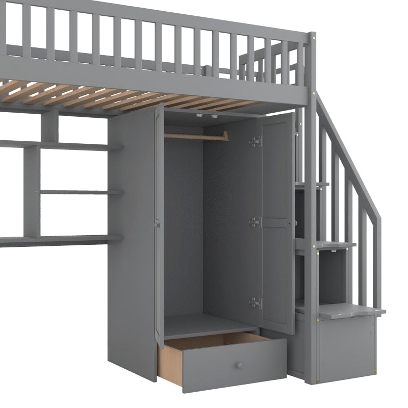 Twin size Loft Bed with Closet, Desk, Bookshelf, And Drawers