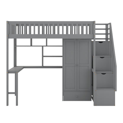 Twin size Loft Bed with Closet, Desk, Bookshelf, And Drawers