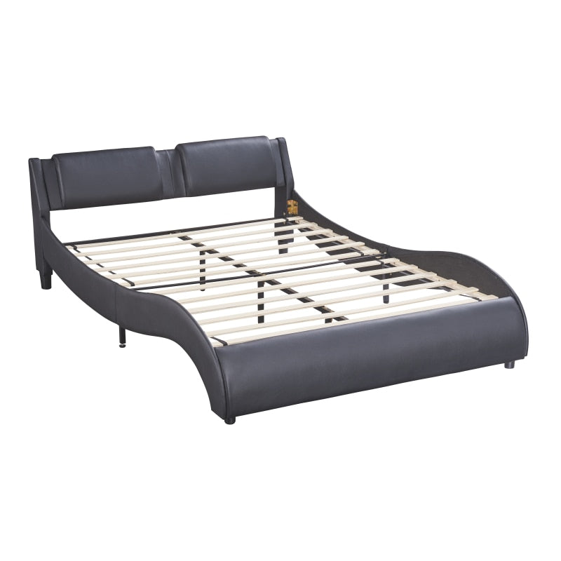 Full size upholstered faux leather platform bed with LED lights