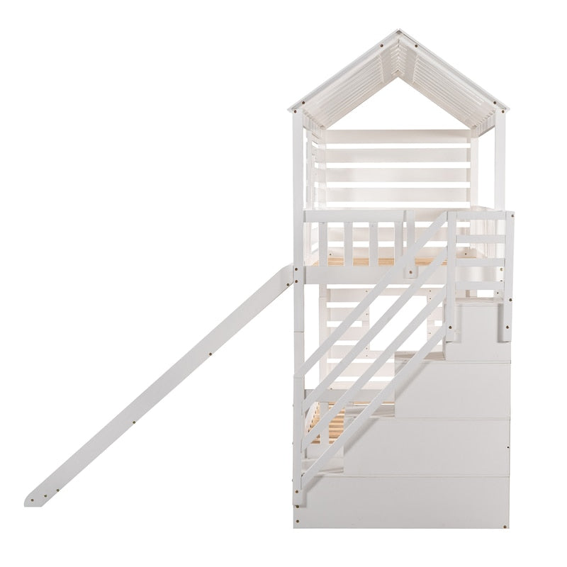 Twin Loft Bunk Bed with Trundle and Slide, Storage Staircase, Roof and Window Design