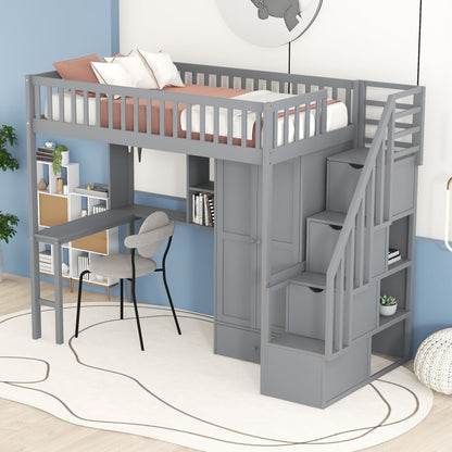 Twin size Loft Bed with Closet, Desk, Bookshelf, And Drawers