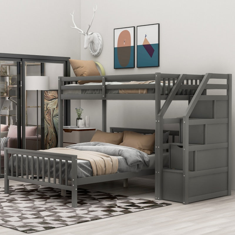 Twin-Over Full L-Shaped Loft Bunk Bed, Ladder with 3 storage grids