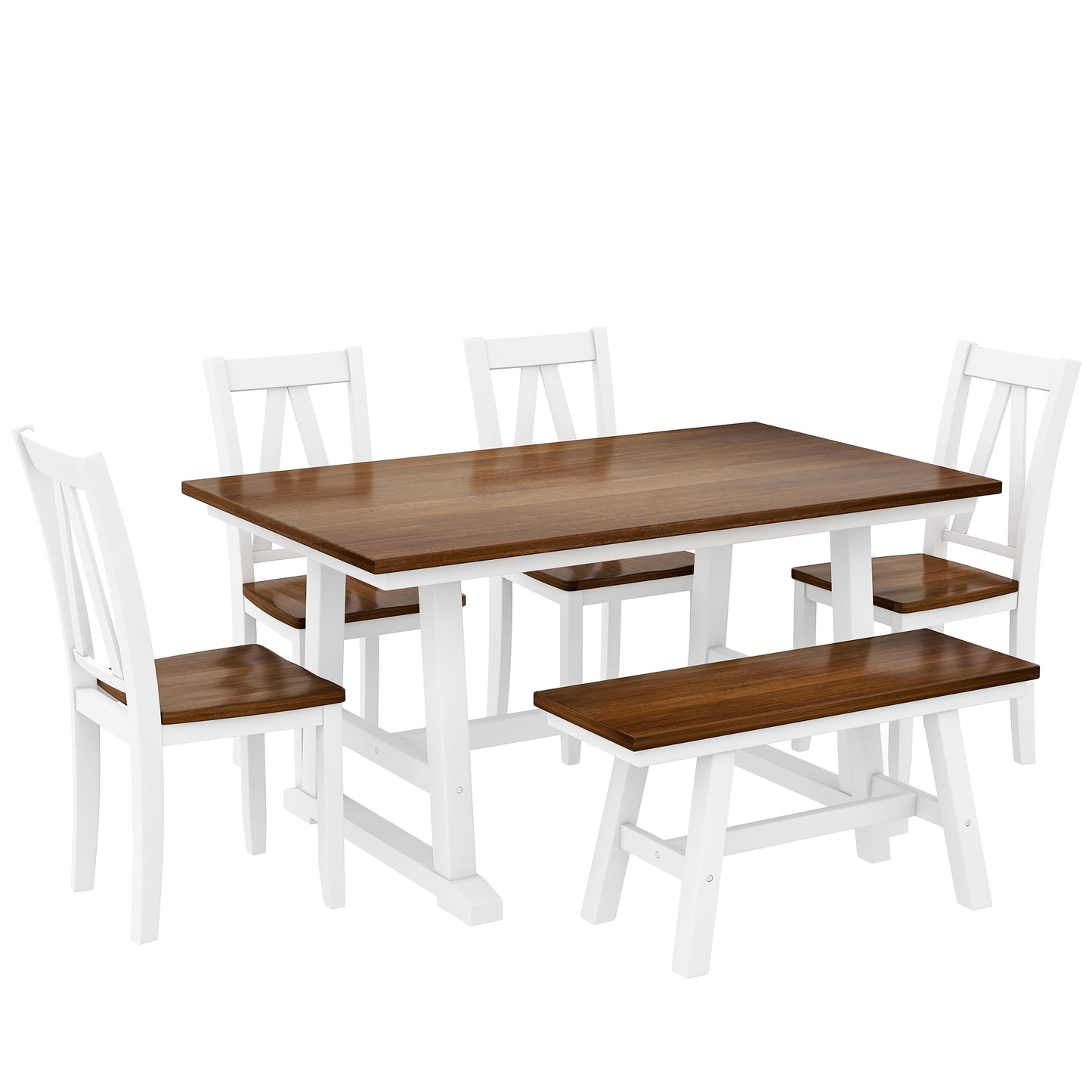 6-Piece Wood Dining Table Set with Long Bench and 4 Dining Chairs