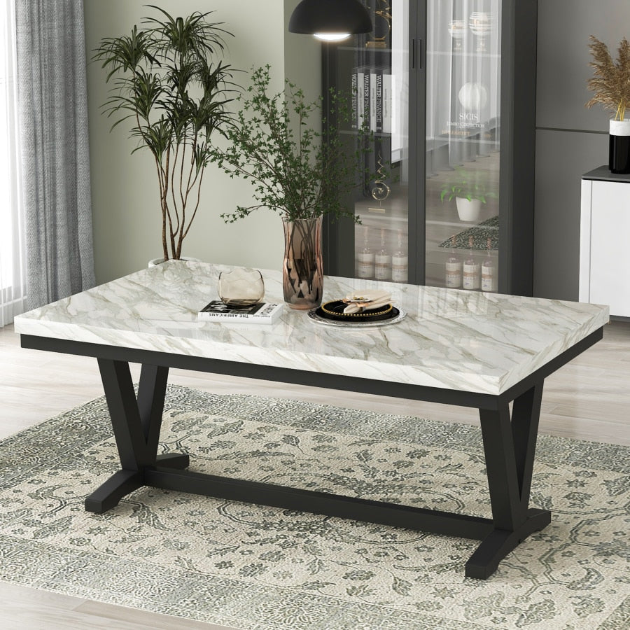 6-piece Dining Table Set with 1 Faux Marble, 4 Upholstered Seats and 1 Bench