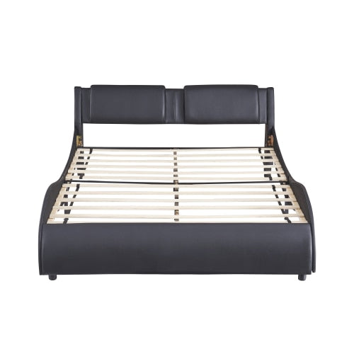 Full size upholstered faux leather platform bed with LED lights