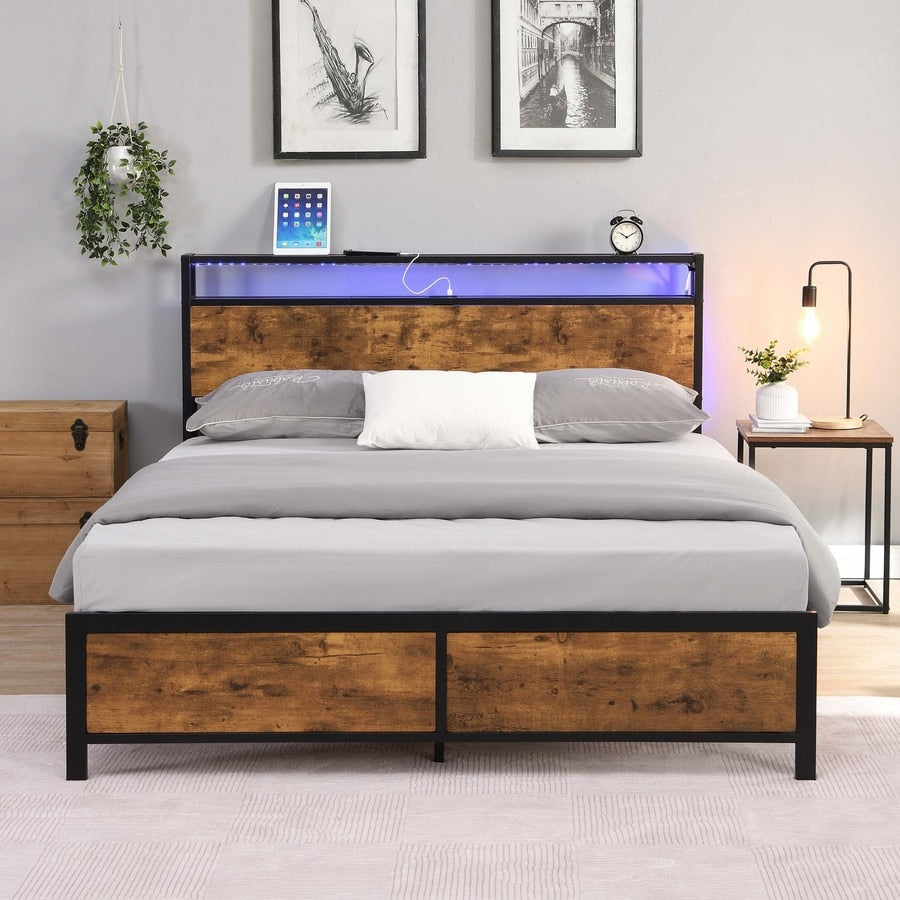 Bed Frame with LED Lights and 2 USB Ports, Rustic Brown