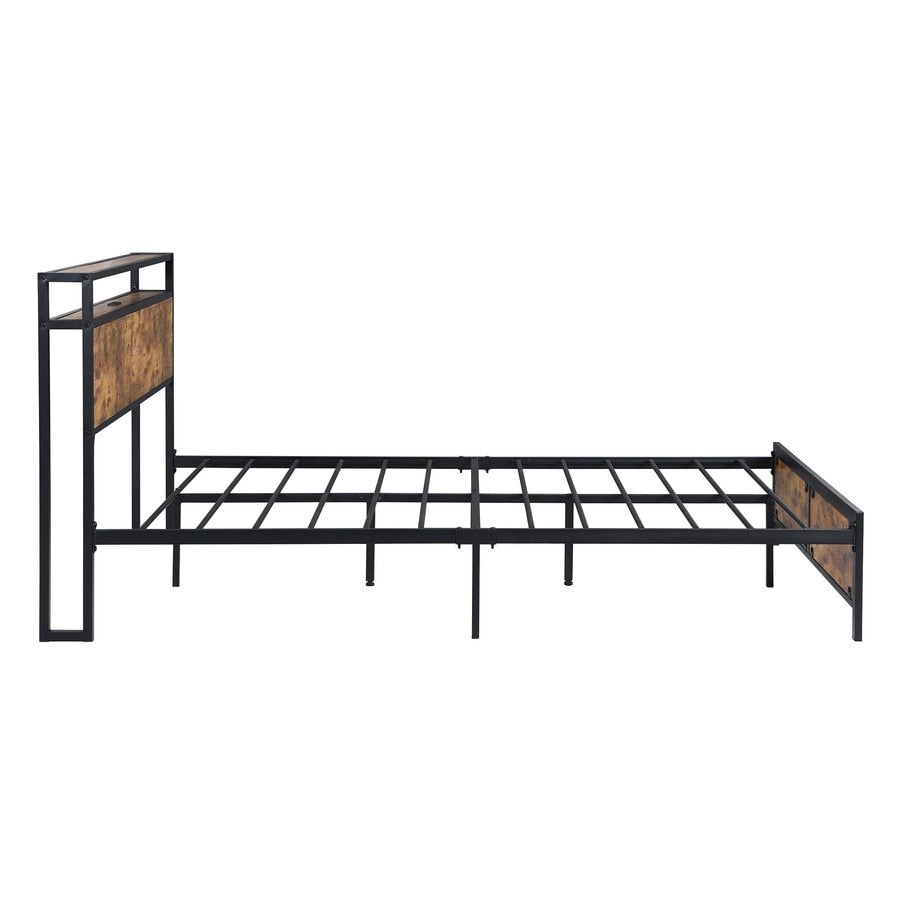 Bed Frame with LED Lights and 2 USB Ports, Rustic Brown