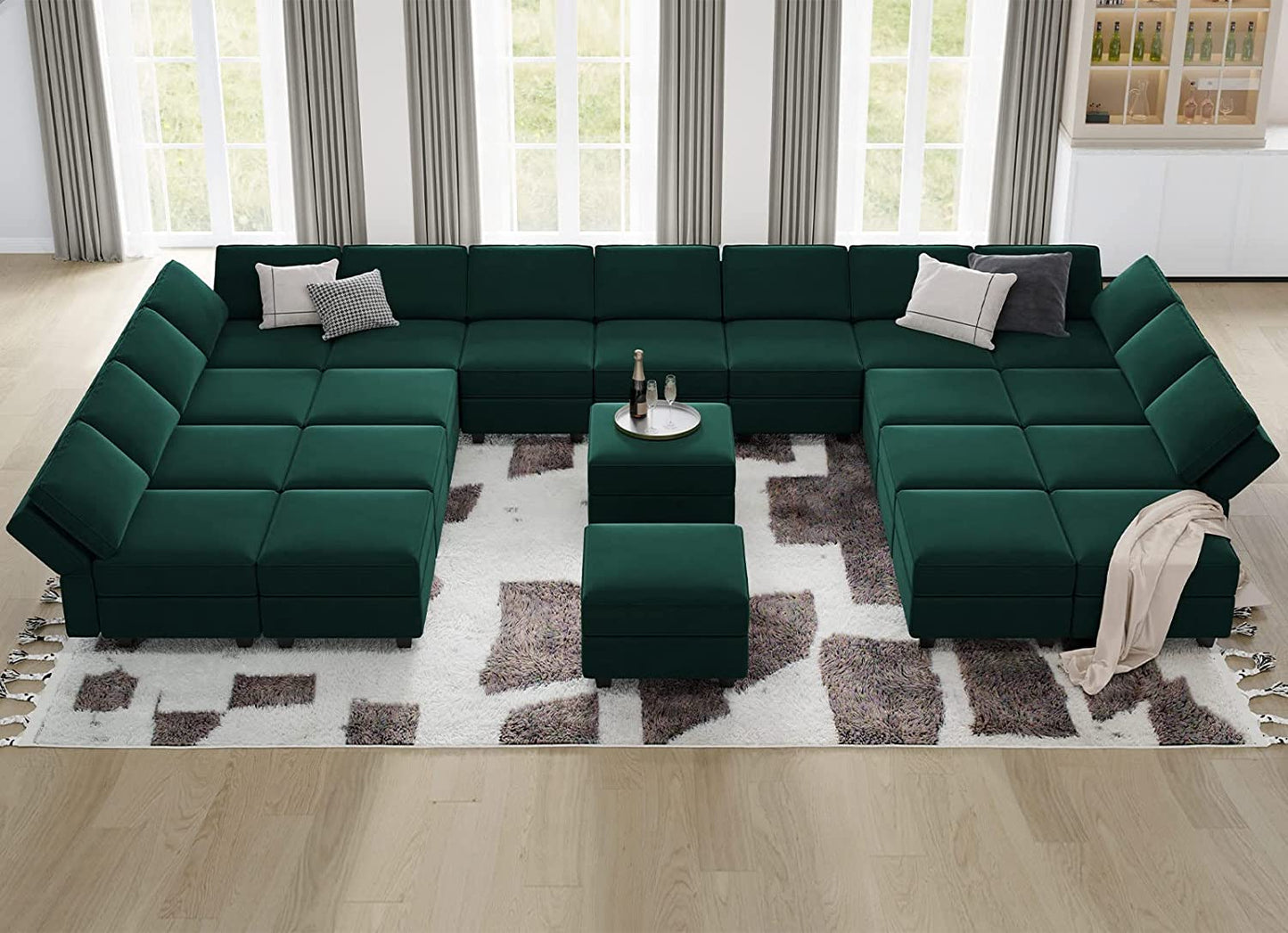 Green Large Sectional Sofa with Storage + Velvet Ottoman