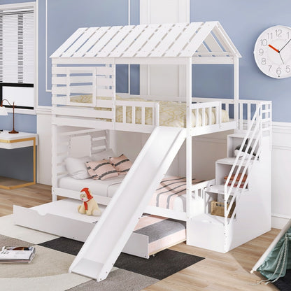 Twin Loft Bunk Bed with Trundle and Slide, Storage Staircase, Roof and Window Design