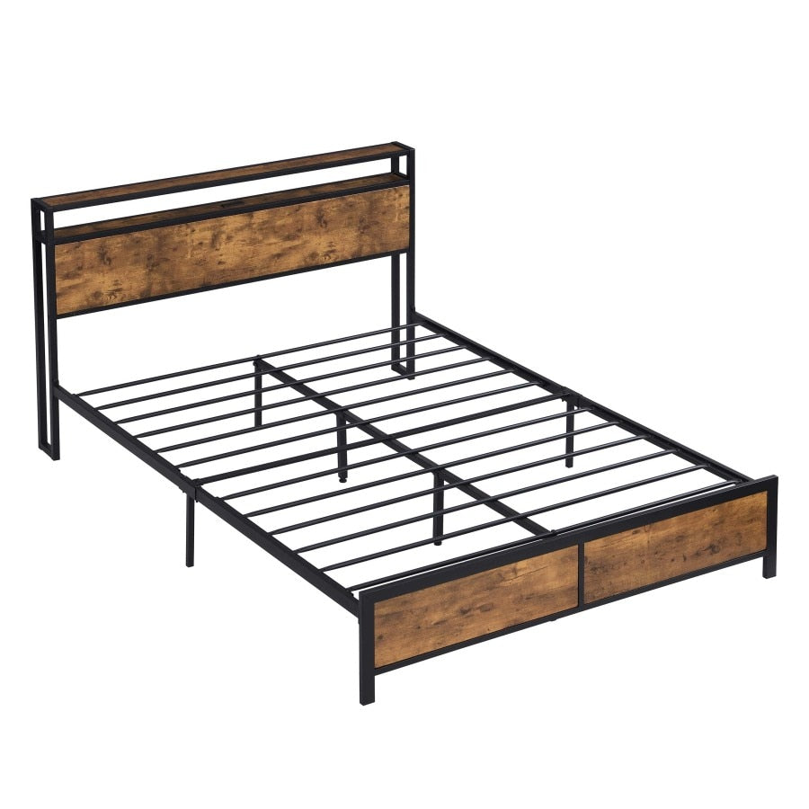 Bed Frame with LED Lights and 2 USB Ports, Rustic Brown