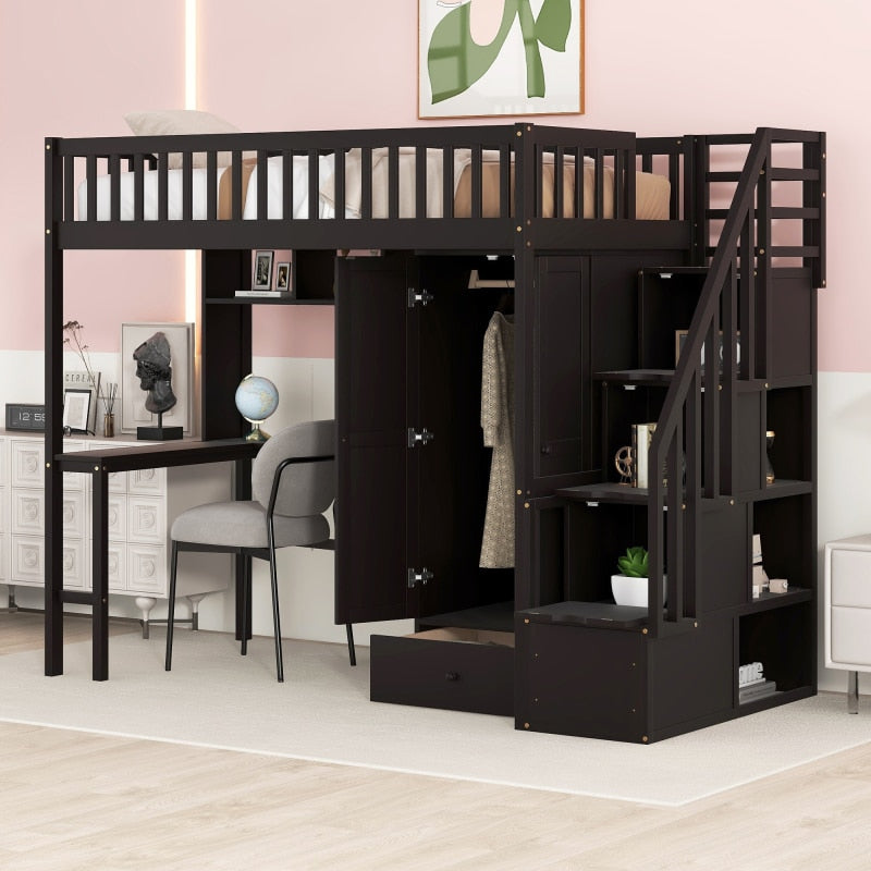 Twin size Loft Bed with Closet, Desk, Bookshelf, And Drawers