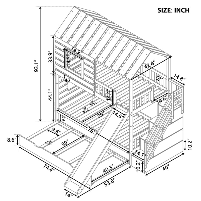 Doppel-Hochbett mit Ausziehbett und Rutsche, Stauraumtreppe, Dach- und Fensterdesign