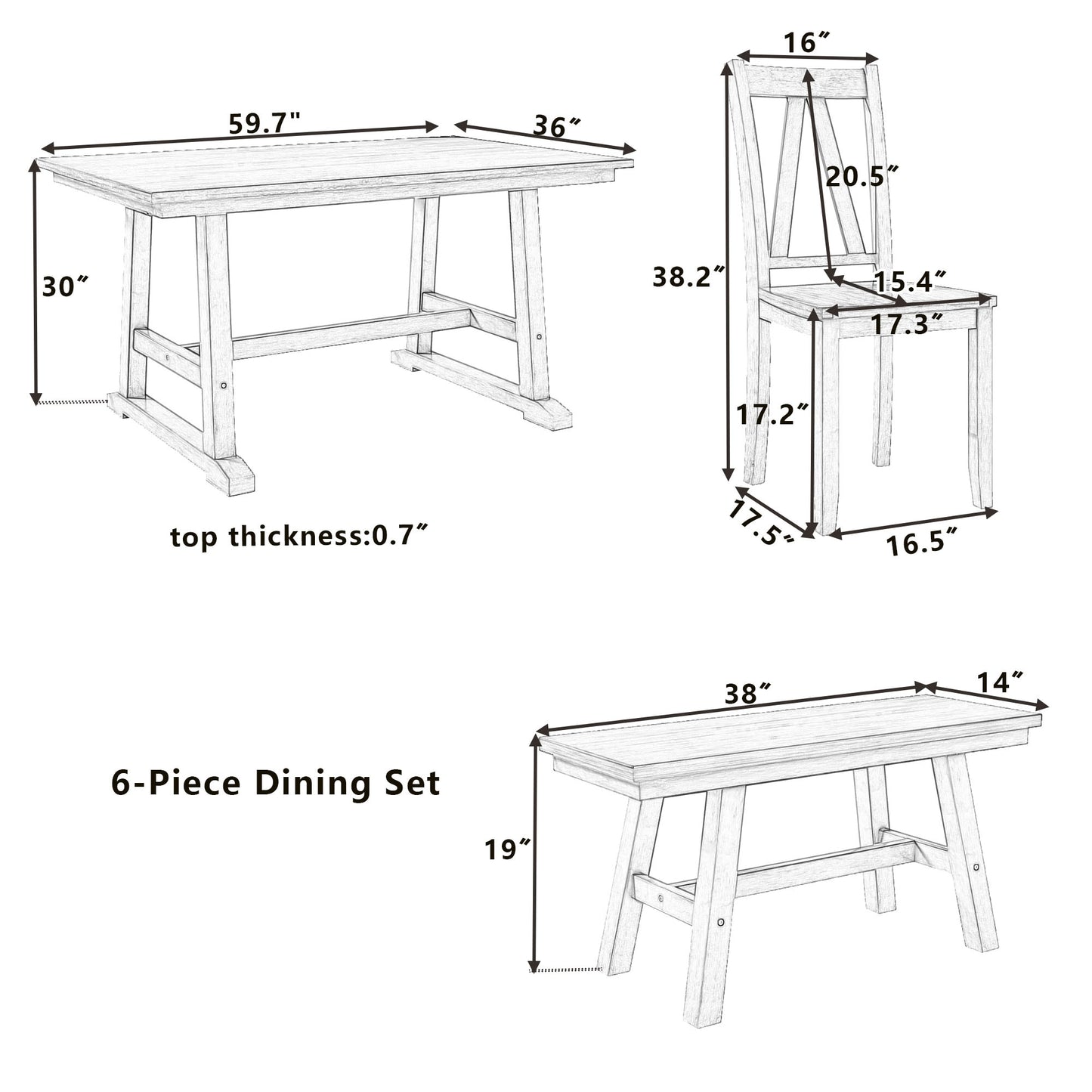 6-Piece Wood Dining Table Set with Long Bench and 4 Dining Chairs