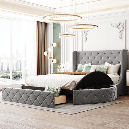 Queen Size Upholstered Platform Storage Velvet Bed