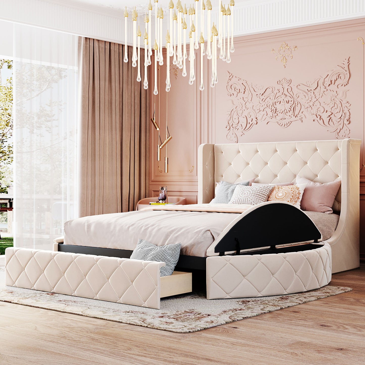 Queen Size Upholstered Platform Storage Velvet Bed