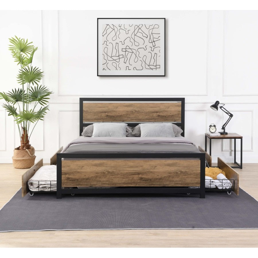 Estructura de cama industrial de tamaño completo de madera y metal con 4 cajones de almacenamiento