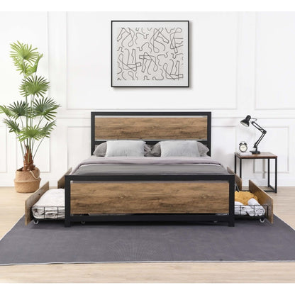 Full Size Industrial Wood and Metal Bed Frame with 4 Storage Drawers