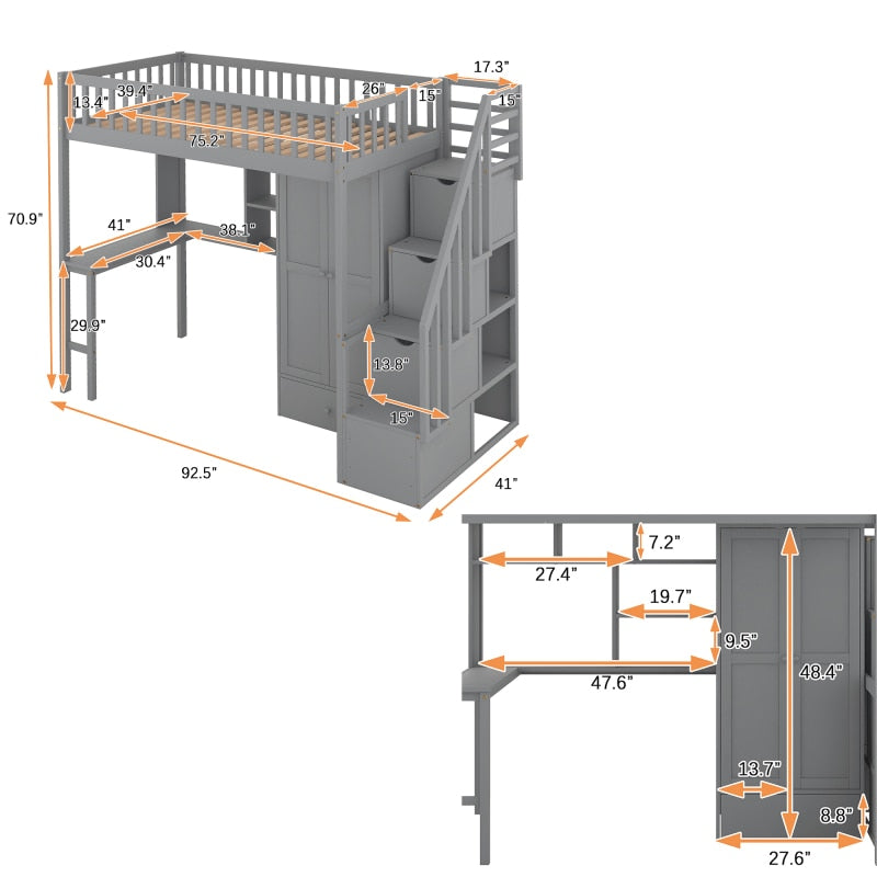 Twin-Size-Hochbett mit Schrank, Schreibtisch, Bücherregal und Schubladen