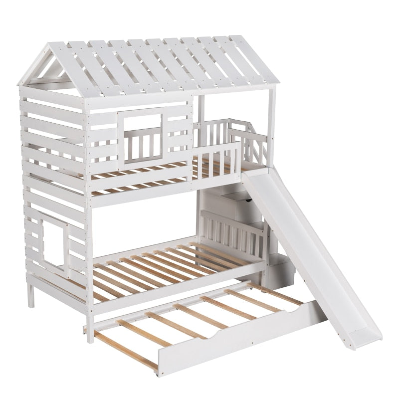 Twin Loft Bunk Bed with Trundle and Slide, Storage Staircase, Roof and Window Design