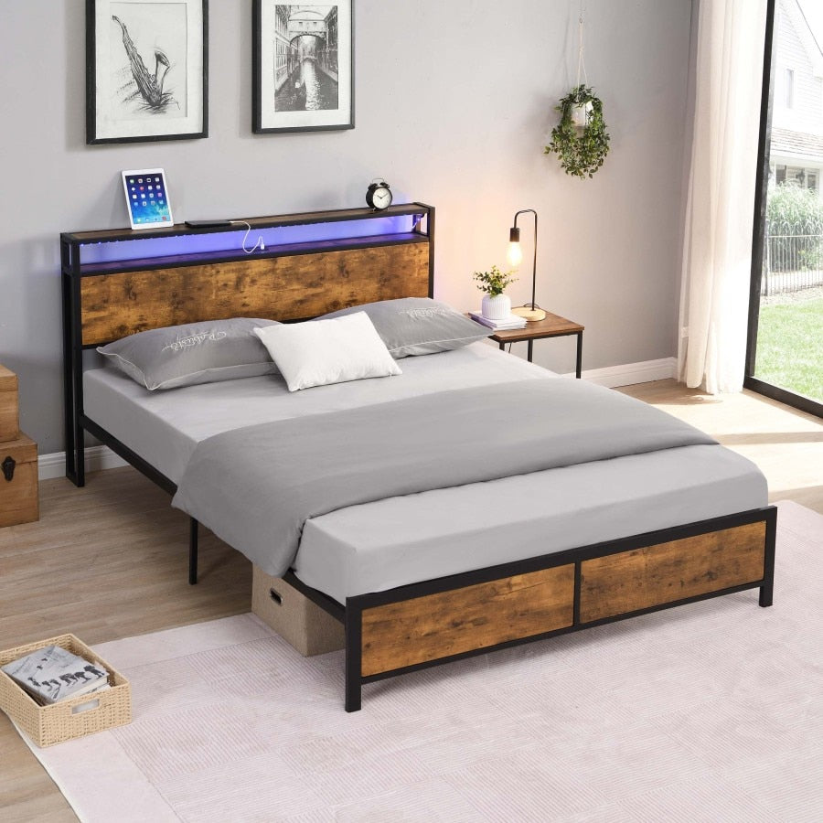 Estructura de cama con luces LED y 2 puertos USB, marrón rústico