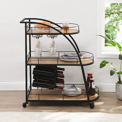 Black Mobile Bar Cart with Elegant Wine Rack, and 3 Layer Metal Frame