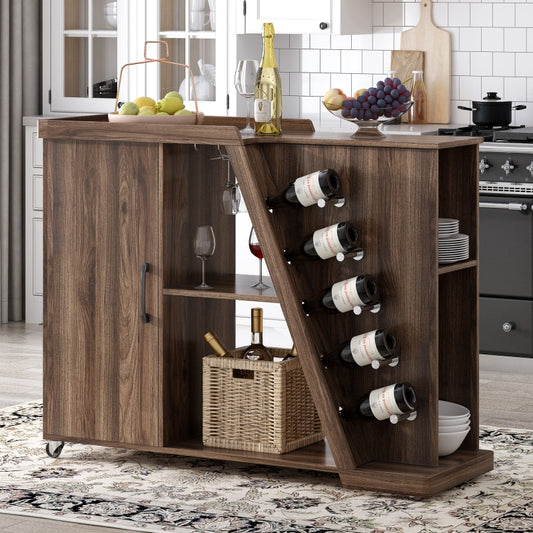 Bar Island Cart with 5 Wine Holders, Wine Glass Rack, and Adjustable Shelf