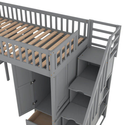 Twin size Loft Bed with Closet, Desk, Bookshelf, And Drawers