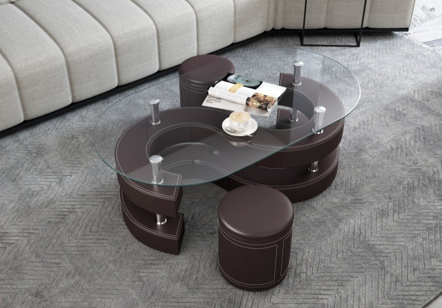 3 Piece Coffee Table Set Glass Table and 2 Leather Stools