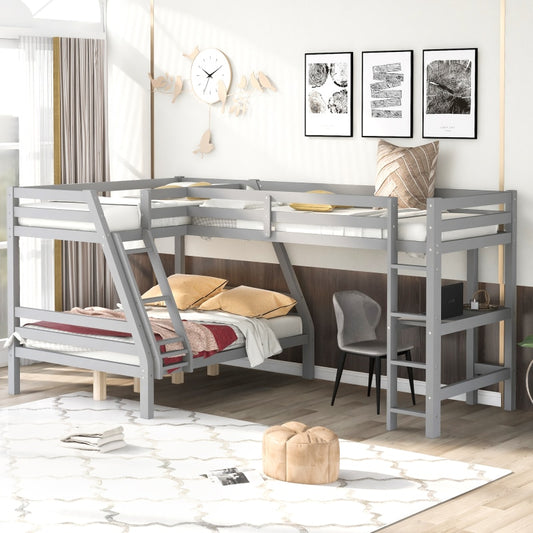 L-Shaped Twin over Full Bunk Bed and Twin Size Loft Bed with Built-in Desk