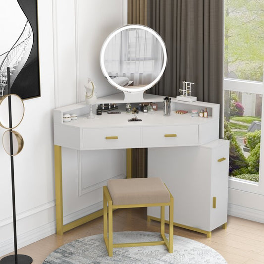 Corner Vanity Set with Lighted Mirror and stool