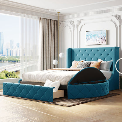 Queen Size Upholstered Platform Storage Velvet Bed