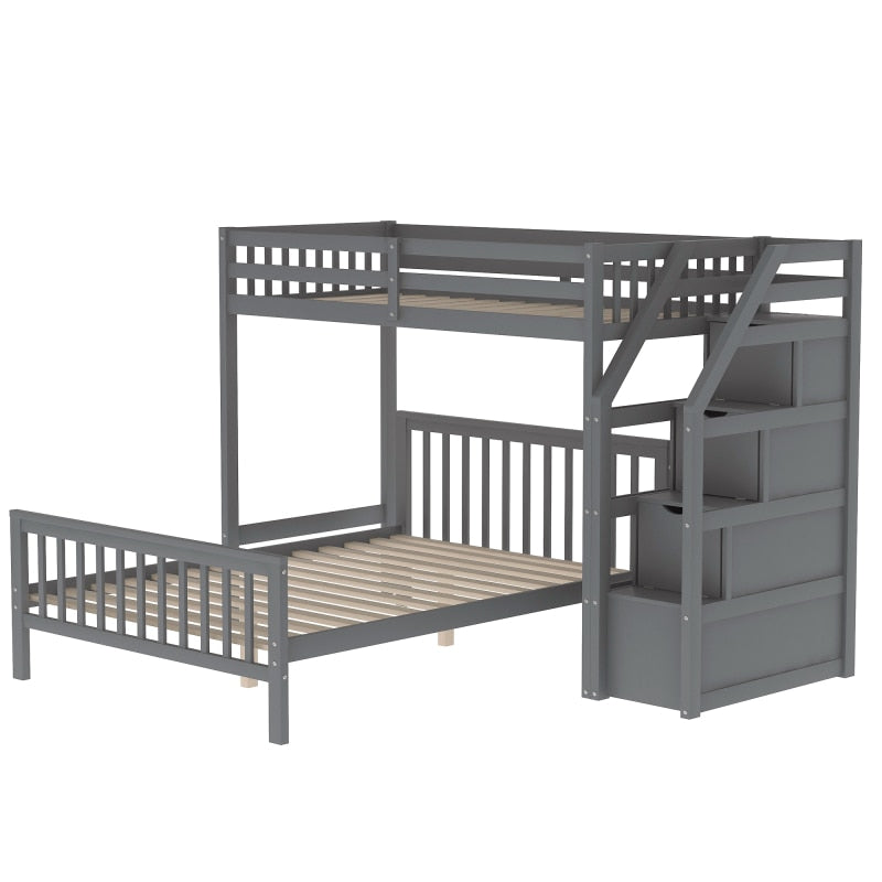 Twin-Over Full L-Shaped Loft Bunk Bed, Ladder with 3 storage grids