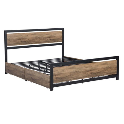 Estructura de cama industrial de tamaño completo de madera y metal con 4 cajones de almacenamiento