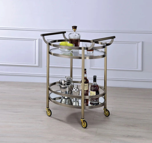 Round Bar Cart with Brushed Bronze Wheels