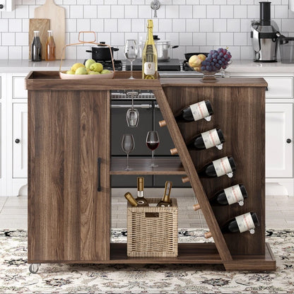 Bar Island Cart with 5 Wine Holders, Wine Glass Rack, and Adjustable Shelf